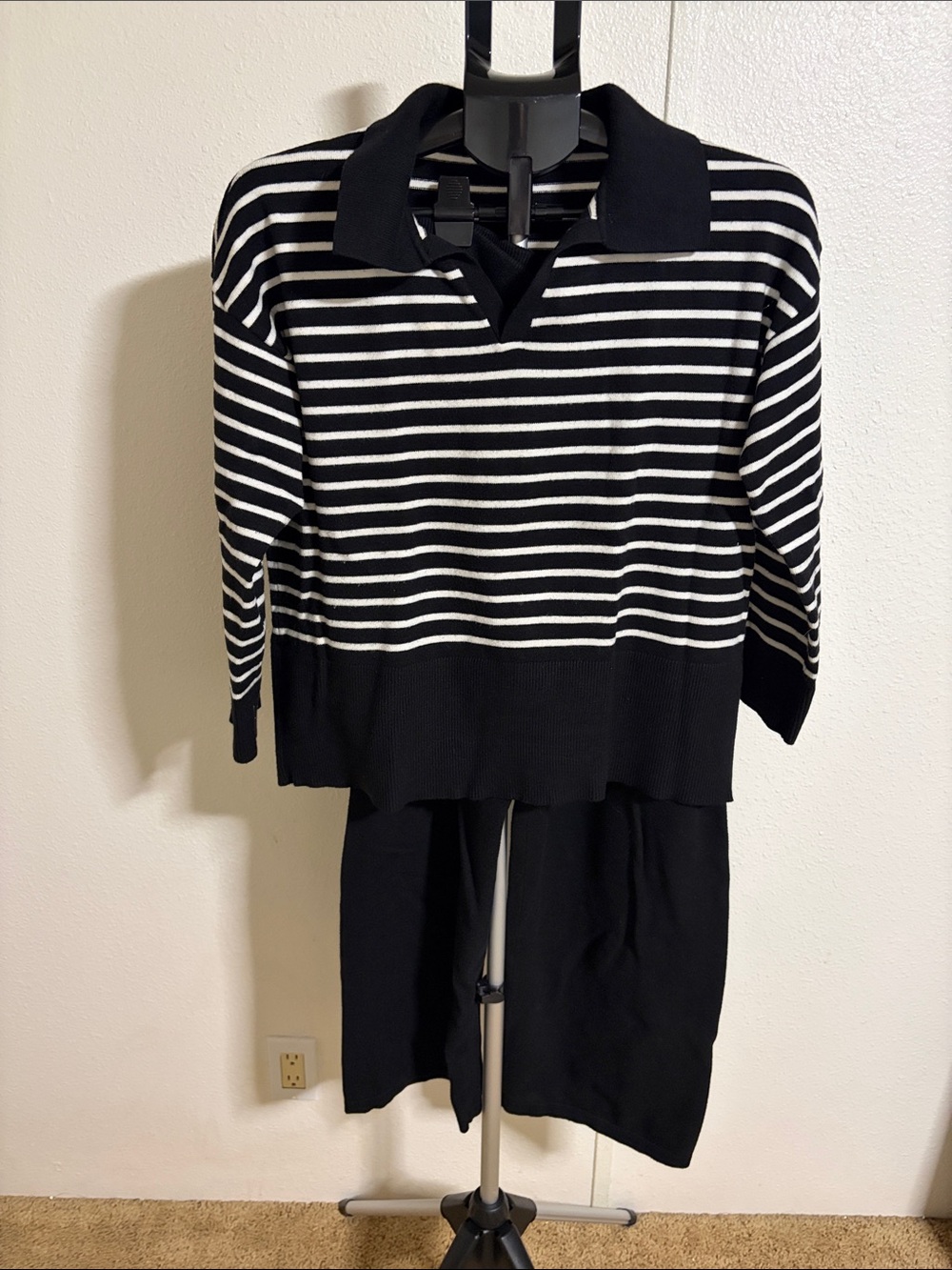 Striped Black & White Collared Knit Top & Pants